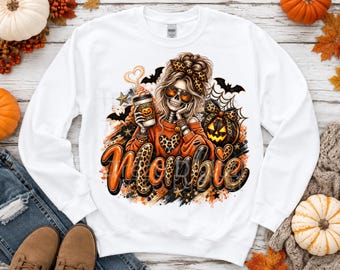 Mombie Halloween PNG, Orange Leopard Print Skeleton Mom Design, Spooky Mom Sublimation Download
