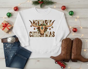 Western Christmas Skull PNG, Boho Highland Cow Design (300 DPI)