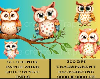 Patchwork Quilt Owl Clipart Bundle – PNG Images (Digital Download)