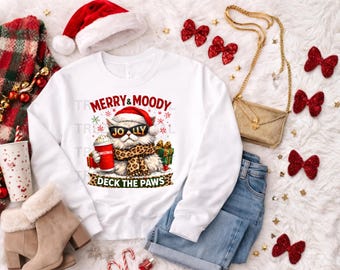 Funny Cat Christmas PNG, Moody Kitty with Coffee, Leopard Scarf (Digital Download)
