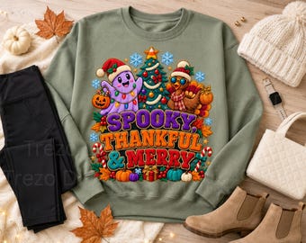 Spooky Thankful and Merry PNG, Faux Chenille Halloween Thanksgiving Christmas Shirt Design, Sublimation Download