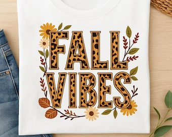 Leopard Print Fall Vibes PNG: Autumn Clipart, Sublimation Design