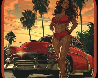 8 Beautiful Curvy Girl and Classic Car Stickers