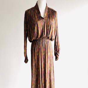 Vintage Missoni 70s / 80s era jersey abstract print dress stretch fabric long batwing sleeve blousey top sz XS S made in Italy brown purple