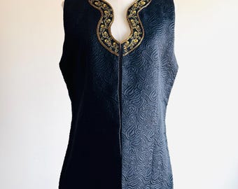 Vintage Mary McFadden Black Beaded gilet Vest - Gold Trim, Size Small