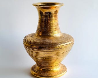 Vintage Bitossi Vase : 22k Gilt Gold Pettinato sgraffito Texture, Italian Pottery