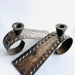VTG style of Matthew Hilton coma  brutalist / mission style Candle holder pair  heavy metal w/ geometric motif silver / steel candlestick