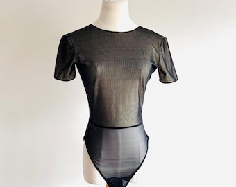 Vintage Gianfranco Ferre black bodysuit: semi Sheer Rayon, Made in Italy
