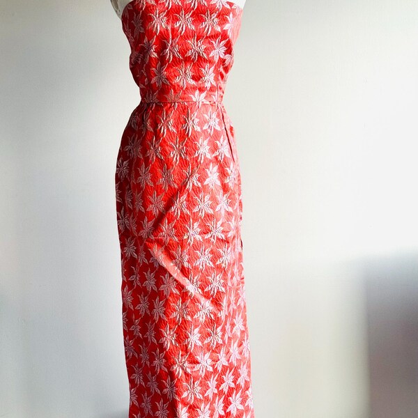 MCM Vintage coral silver brocade strapless column dress gown Paul Townsen Couturier Couture