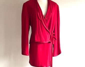 Vintage Krizia red soutache Skirt Suit Set, 90s Side Tie Blazer