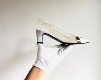 Vintage Loris Azzaro slingback heel pumps vinyl captoe