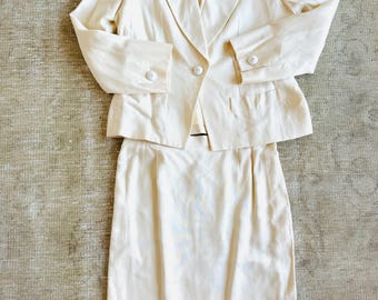 Vintage Yves Saint Laurent Silk Skirt Suit: Cream Blazer Set, Ceramic Buttons, Sz 46