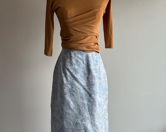 Vintage Brocade Pencil Skirt, Ice Blue Chinoiserie, 50s-60s
