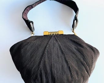 Vintage 40s era Genuine Corde bag clam shape /brown corde gold brass