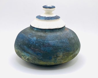 Handmade primitive style Raku ceramic lidded vessel or Jar