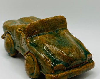 vintage ceramic convertible car sculpture paperweight  gloopy green drip glaze 70s globular