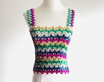 Vintage 70s Sequin Tank Top, Metallic Rainbow Stripe, Disco Era