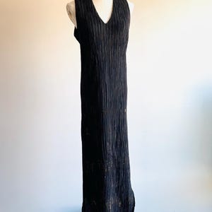 Vintage Romeo Gigli black maxi column dress pleated plisse material w/multicolor threads & metallic gold paint brush accents sz 42 Italy