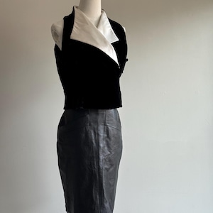Vintage Fall 02 Giorgio Armani runway black velvet and white satin vest black tie tuxedo effect blouse sleeveless sz 46