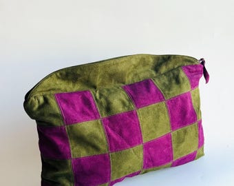 Vintage soft suede checkerboard clutch in purple and green purse