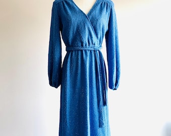 Vintage light blue faux wrap boucle long bishop sleeve open knit dress 70’s belted