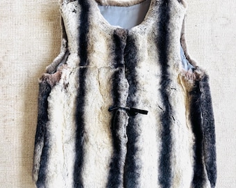 Vintage silver fur waist coat vest with tie closure and silver satin lining gilet