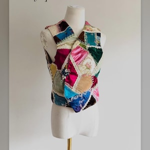 Vintage crazy quilt vest gillet , Colorful patchwork top, One of a Kind embroidered