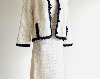 Vintage Anne Rubin French Crochet Knit Skirt Suit, Nautical Trim
