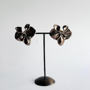 Vintage Sculptural large Orchid flower Surrealist Sterling Silver Earrings blooming orchid motif  .925 statement jewelry