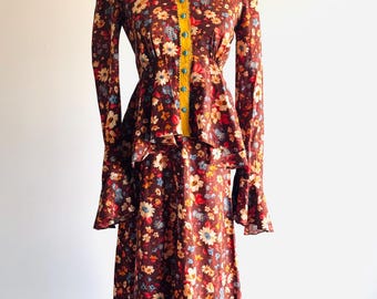 vintage 70s floral brown ruffle boho dress w turquoise buttons by Baqo Audrey N.