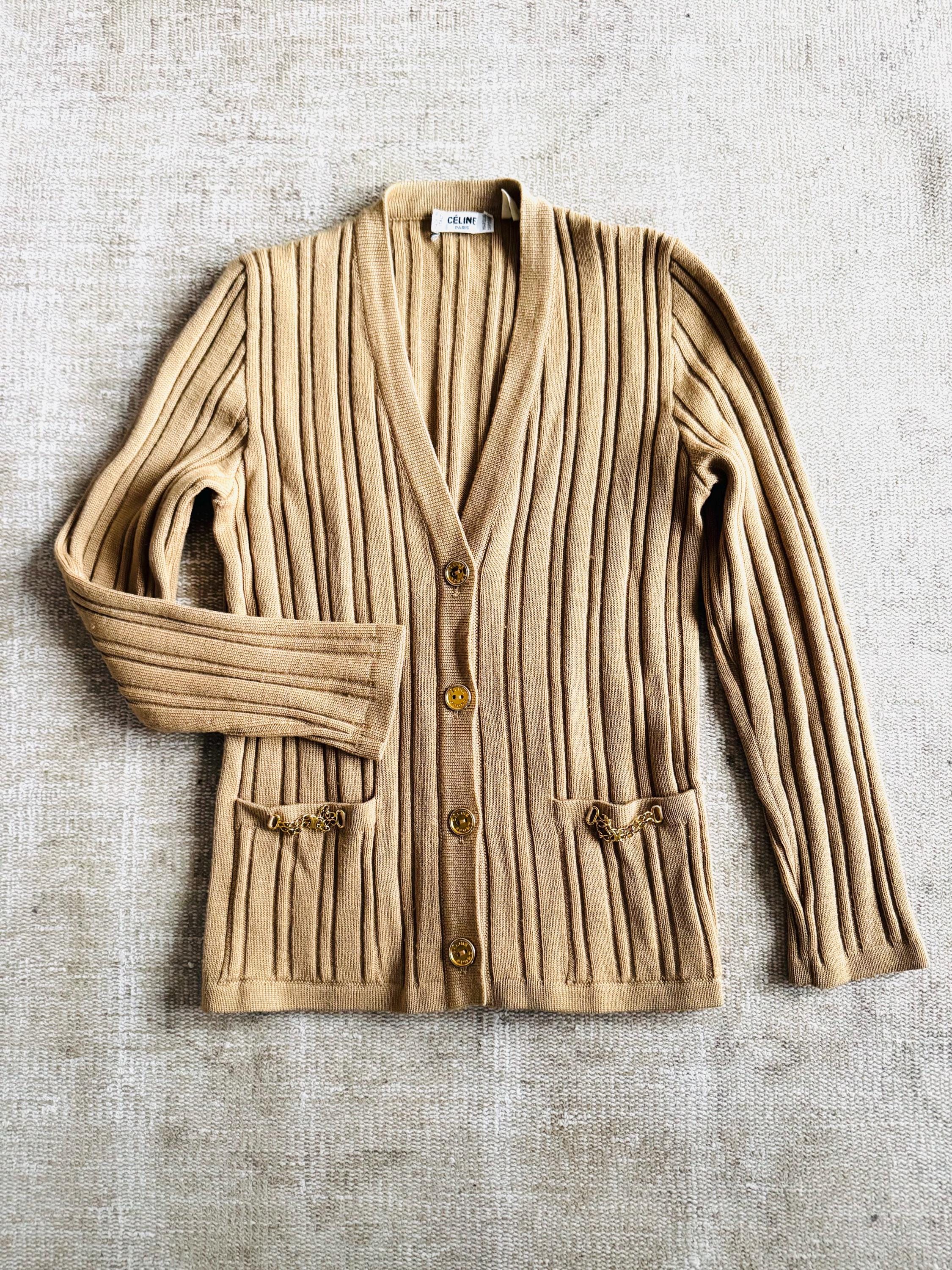 Vintage Celine Wool Cable Knit Cardigan With Triomphe Logo, FR 40