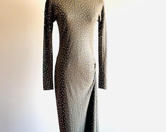 Vintage Marc Bouwer sequin embroidered turtleneck gown / dress long sleeves and ruched hip detail