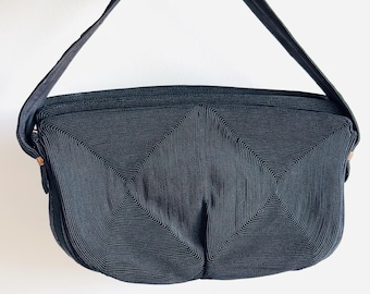 Vintage 40s Black Corde Fabric Baguette Purse, Brass Hardware