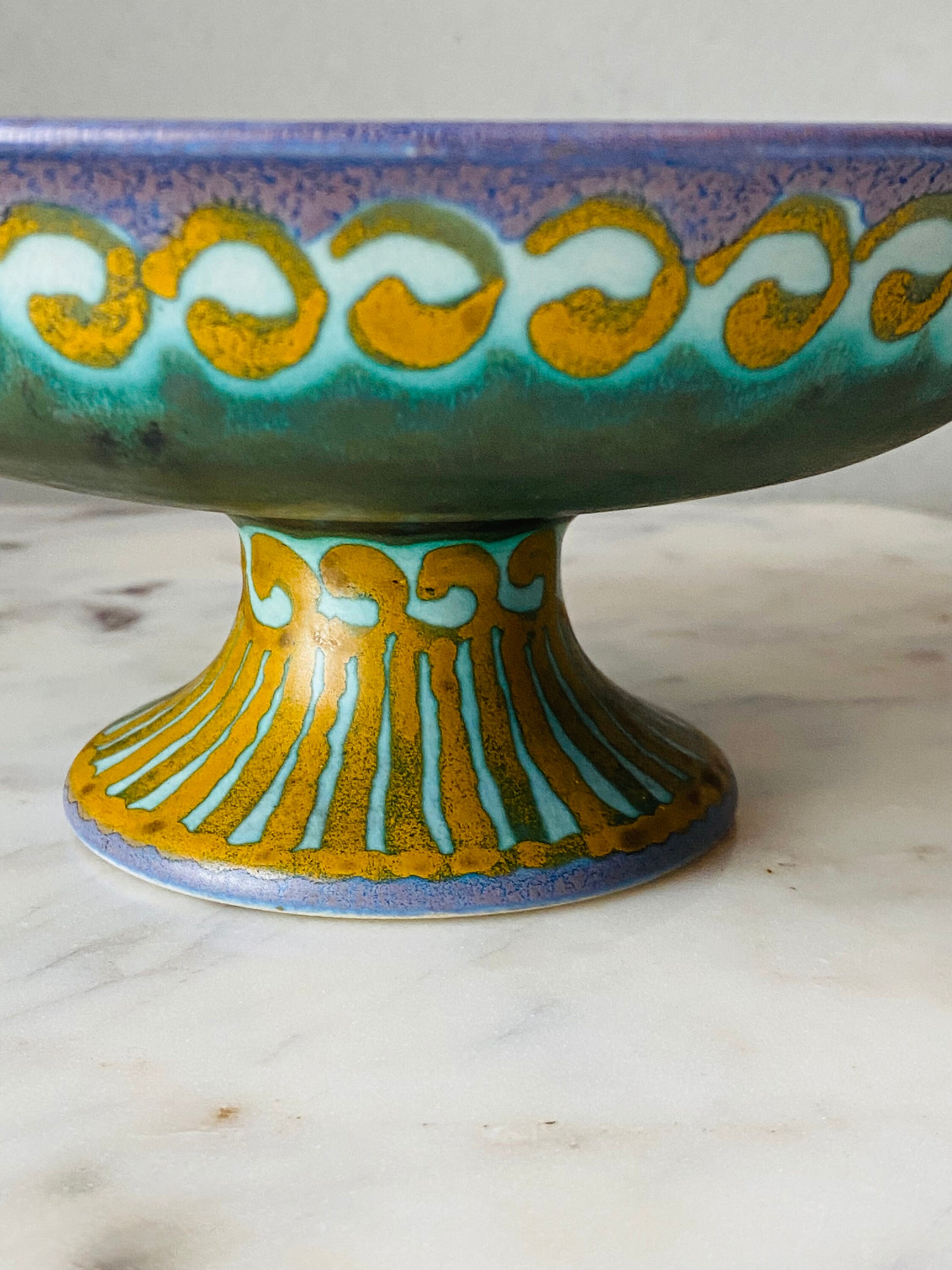 Antique Gouda Holland Ceramic Pedestal Dish: Art Nouveau Delftware