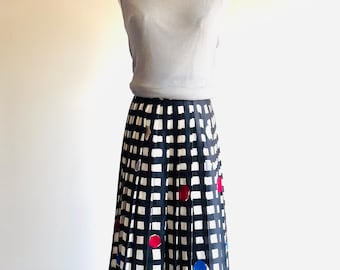 Vintage Silk Pleated Skirt, Abstract Polka Dot Grid Print
