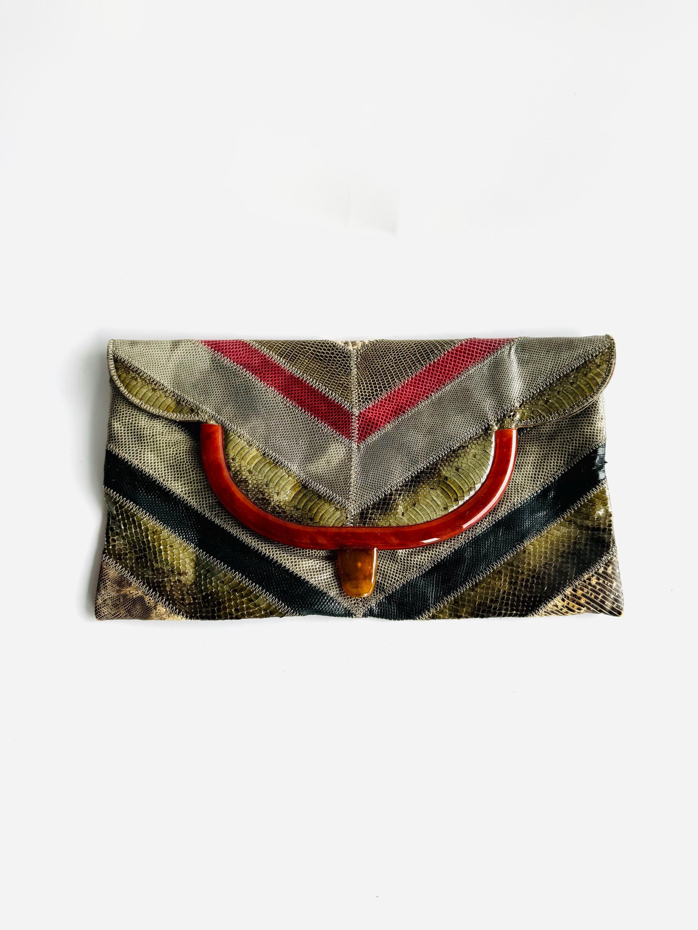Vintage Bags by Varon Sex and the City featured snakeskin patchwork and lucite clutch purse bag SATC Patricia Field