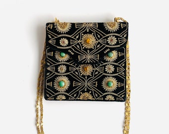 Zardozi Embroidery Vintage Velvet Shoulder Bag: Stone Cabochons