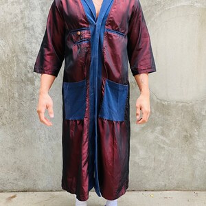 Rare Vintage Jean Paul Gaultier Paris robe or jacket coat JPG iridescent burgundy sheen blue trim duster sz Medium