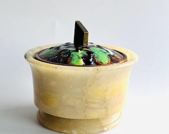 Vintage Alabaster copper enamel Spanish Forja Granada pedestal jewelry box lidded jar vide poche