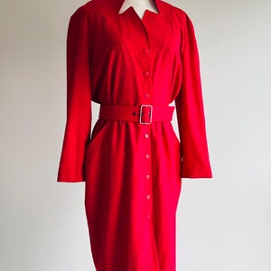 Vintage Mugler par Thierry Mugler red wool / snap front belted dress with scalloped detail 90’s summer dress bright red with pockets sz 40
