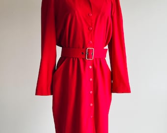 Vintage Thierry Mugler Red Wool Dress with Belt – Sculptural Paneled Design