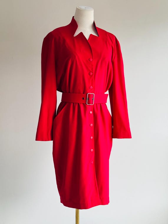 red mugler dress Vintage Thierry Mugler Red Wool Dress with Belt – Sculptural Paneled Design
