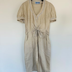 Vintage Thierry Mugler linen / cotton snap front tie dress with embroidered detail 80’s summer dress gingham