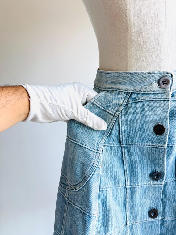 Vintage patchwork denim button down jean skirt 70… - image 7