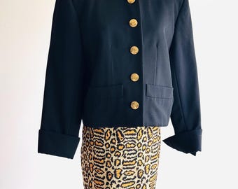 Vintage YSL Rive Gauche Black Blazer, Hammered Brass Buttons, Size 42