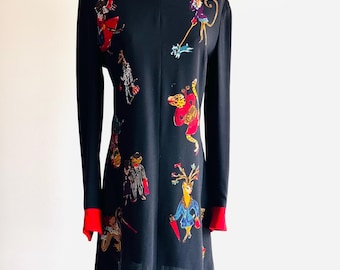 Vintage Gemm Kahng Jungle Print Dress, Red Trim, Wool Silk Blend, Sz 6