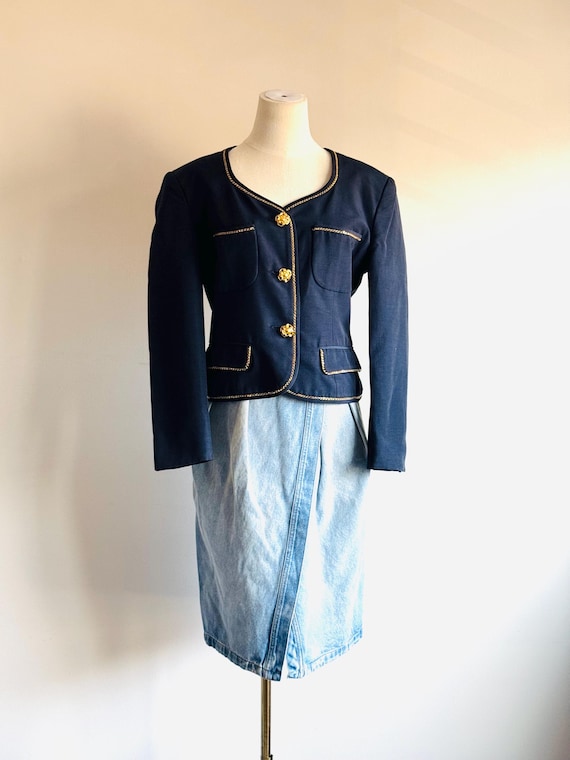 Alberta Ferretti, Vintage Alberta Ferretti Navy Blue gold metal chain trimmed accent blazer jacket 90s