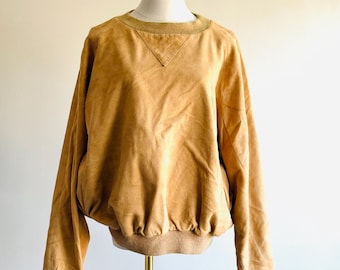 vintage suede pullover crewneck with kangaroo pockets 70s era for Bullock's Willshire suede sweater