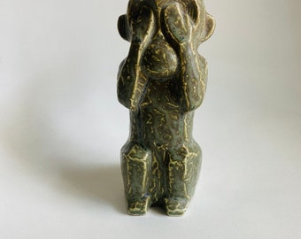 Vintage UCTCI Stoneware Monkey Piggy Bank: Japanese Green Drip Glaze