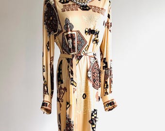 Vintage Leonard Paris Silk Jersey Dress, Aztec Jewel Print, Long Sleeve